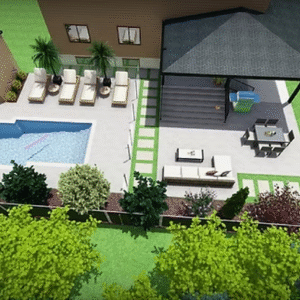 Backyard Swimming Pool, Patio, Furniture 3D Design