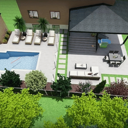3D BACKYARD SWIMMING POOL, PATIO & FURNITURE DESIGN