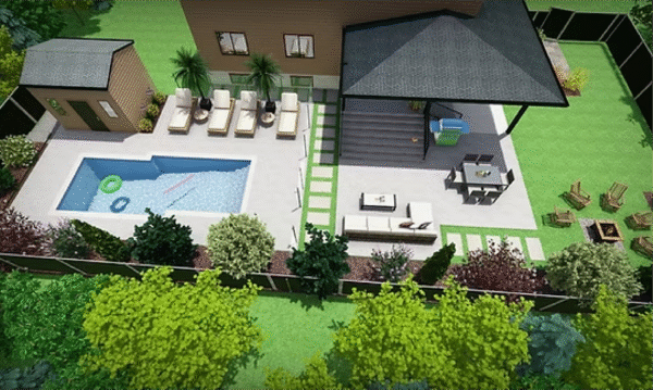 Backyard Swimming Pool, Patio, Furniture 3D Design