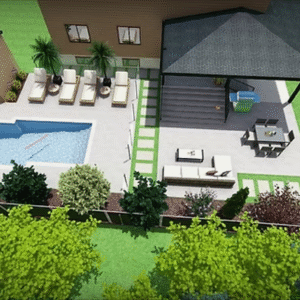3D BACKYARD SWIMMING POOL, PATIO & FURNITURE DESIGN
