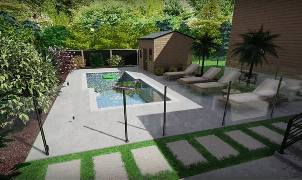 Backyard Swimming Pool, Patio, Furniture 3D Design