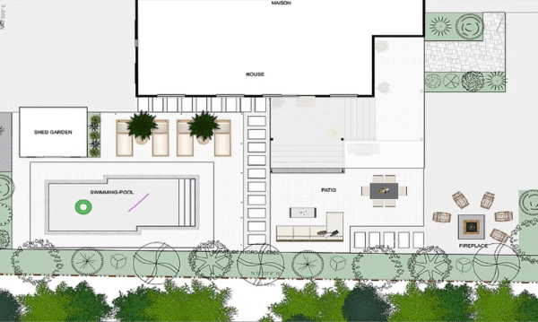 Backyard Swimming Pool, Patio, Furniture 3D Design