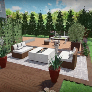 Backyard 3D Design Fireplace, Patio, Gabion Fence & Waterfall
