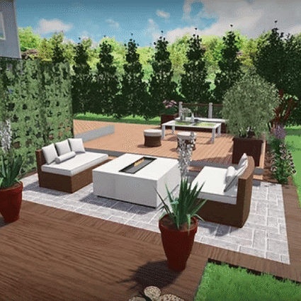 Backyard 3D Design Fireplace, Patio, Gabion Fence & Waterfall