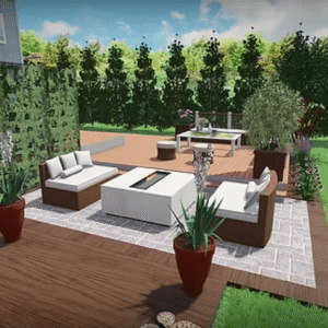 Backyard 3D Design Fireplace, Patio, Gabion Fence & Waterfall