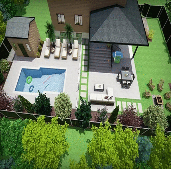 Backyard Swimming Pool, Patio, Furniture 3D Design
